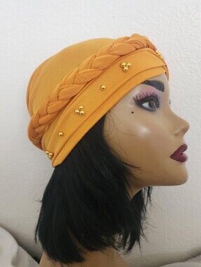 New Gold Braided Faux Turban Head Wrap with Gold Bead Accents